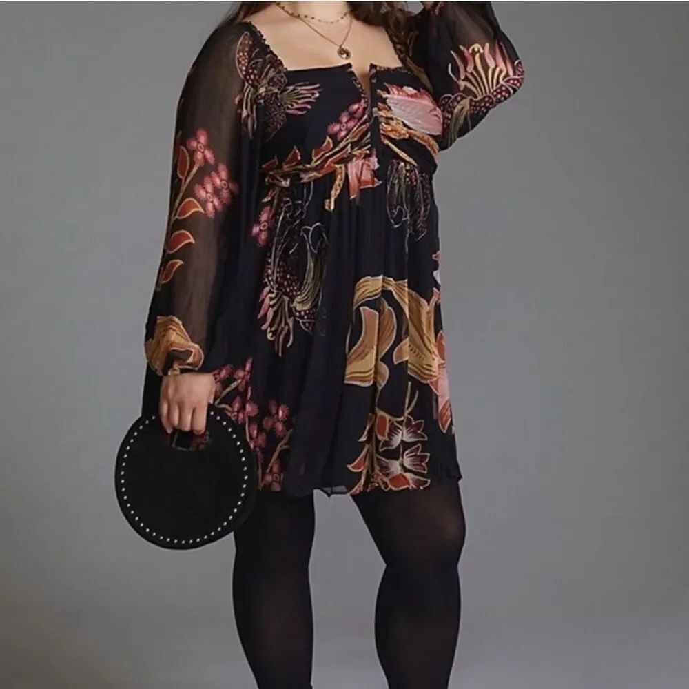 Anthropologie Let Me Be Crimped Black Chiffon Pink Floral Pattern-OO11